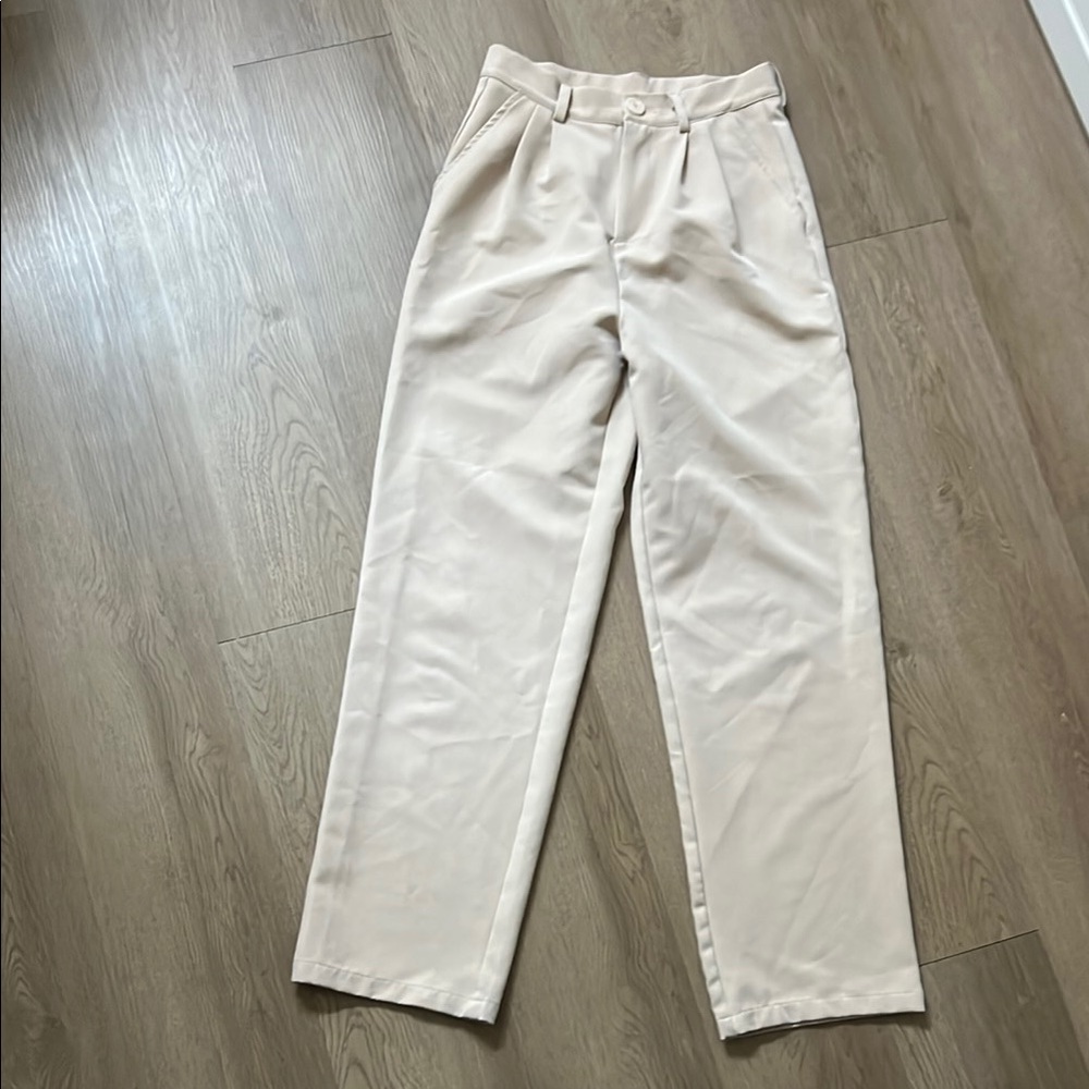 Cream Pleated High Waisted Trousers